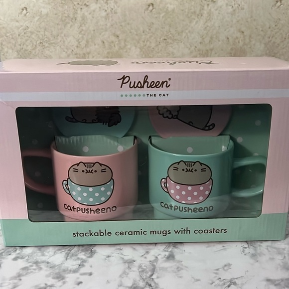 Pusheen The Cat Set of Stackable Ceramic Mugs with Coasters Gift Set - Picture 1 of 7